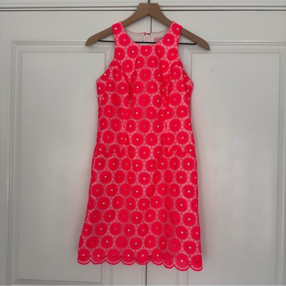 Lilly Pulitzer Fiesta Pink Floral Lace Pearl Bead Pinwheel Mini Dress Sleeveless - Picture 2 of 13